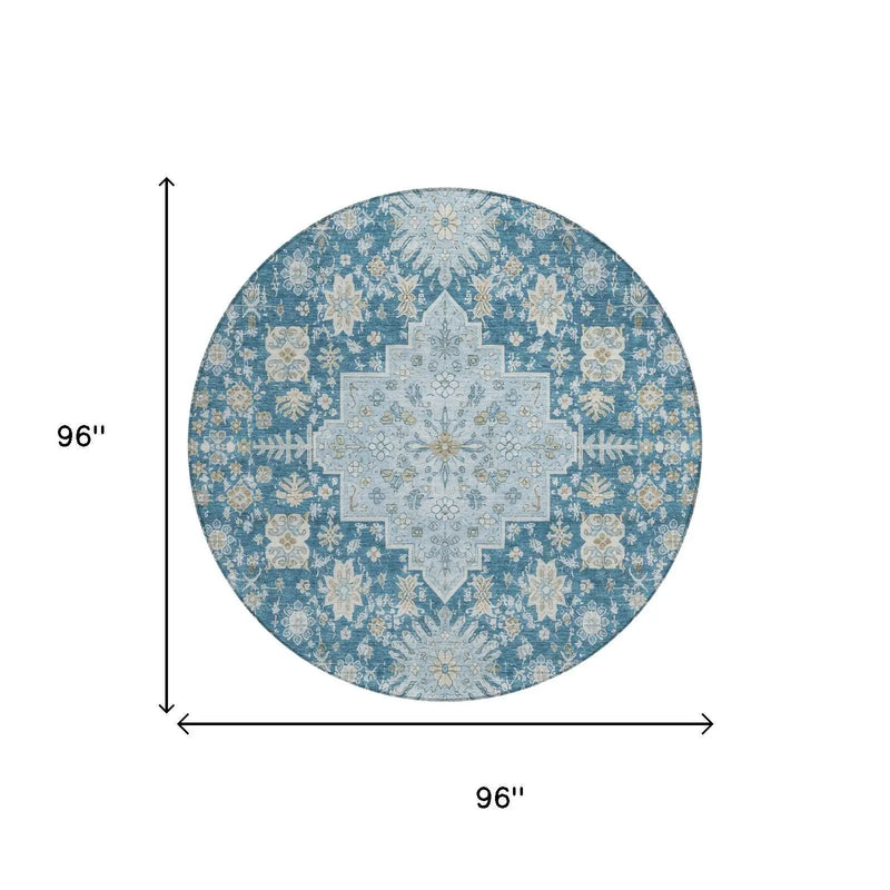 8' Teal Blue And Silver Round Oriental Washable Indoor Outdoor Area Rug Homeroots Outdoor