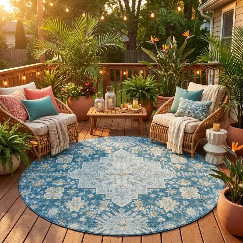 8' Teal Blue And Silver Round Oriental Washable Indoor Outdoor Area Rug Homeroots Outdoor