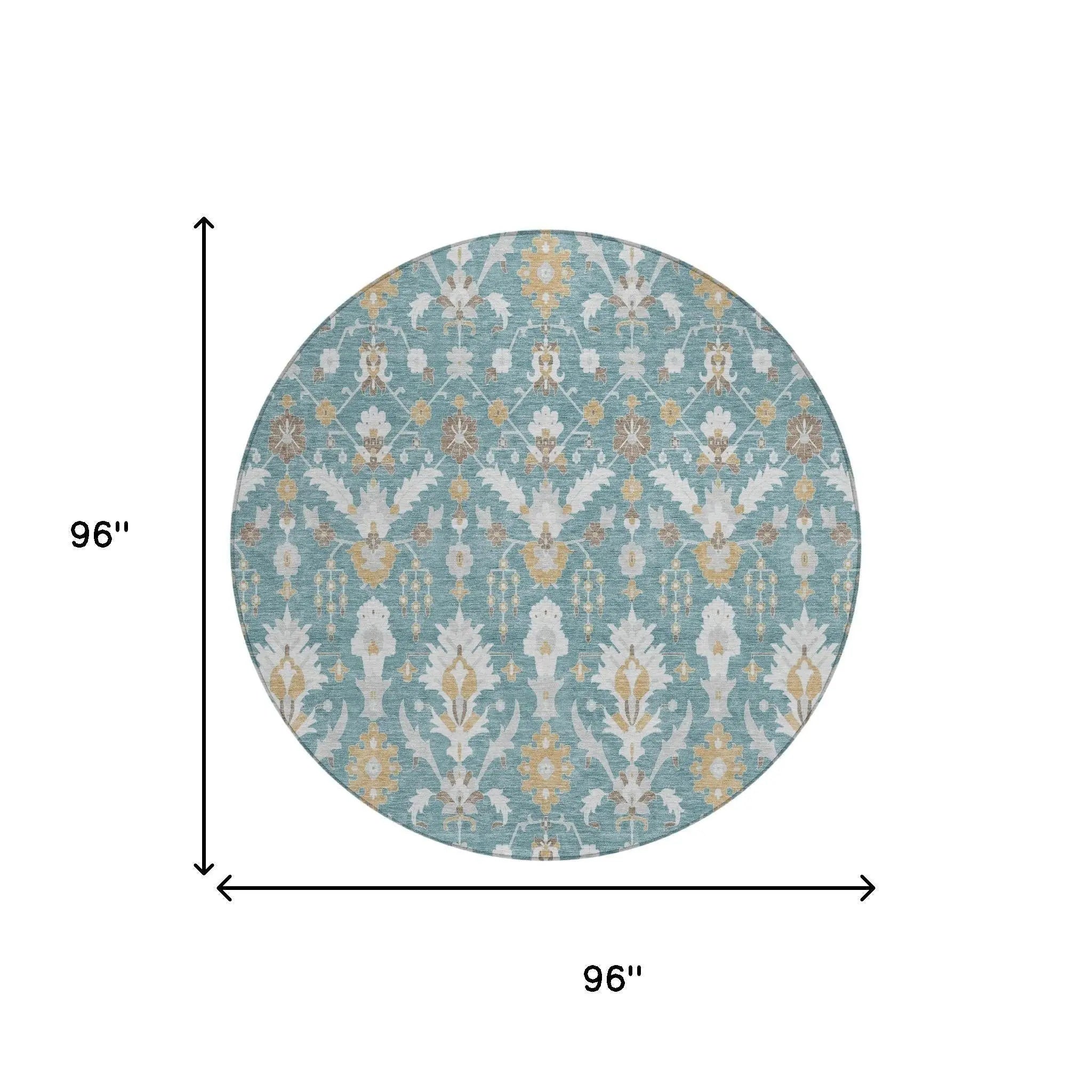 8' Teal Blue And Silver Round Oriental Washable Indoor Outdoor Area Rug Homeroots Outdoor