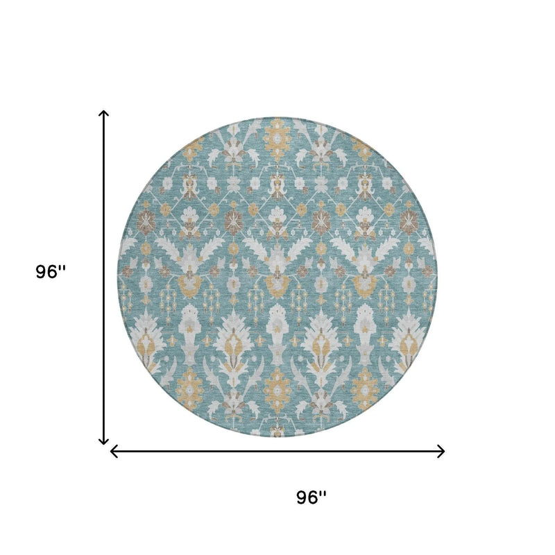 8' Teal Blue And Silver Round Oriental Washable Indoor Outdoor Area Rug Homeroots Outdoor