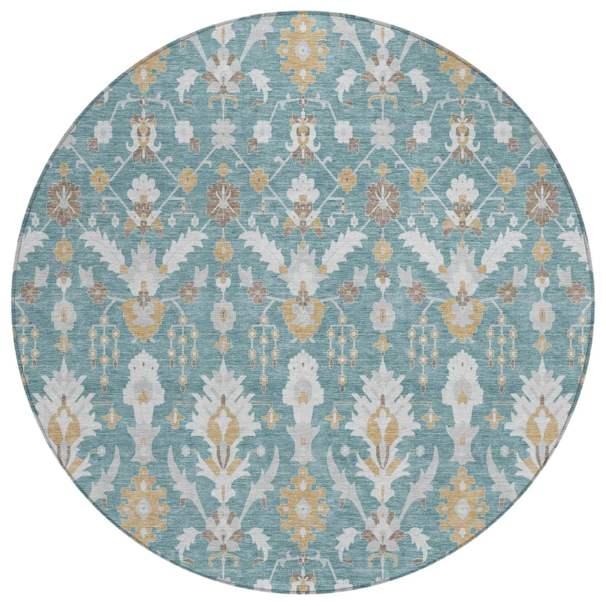 8' Teal Blue And Silver Round Oriental Washable Indoor Outdoor Area Rug Homeroots Outdoor