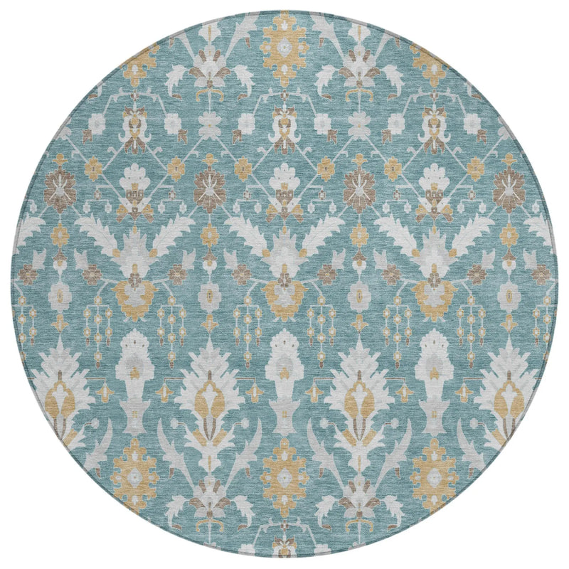 8' Teal Blue And Silver Round Oriental Washable Indoor Outdoor Area Rug Homeroots Outdoor
