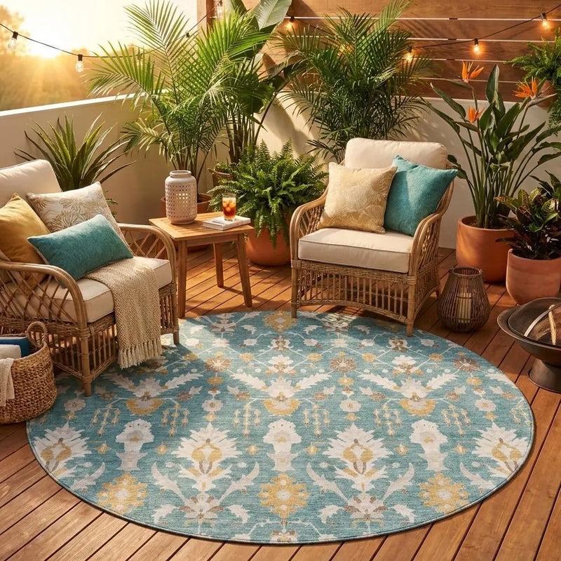 8' Teal Blue And Silver Round Oriental Washable Indoor Outdoor Area Rug Homeroots Outdoor