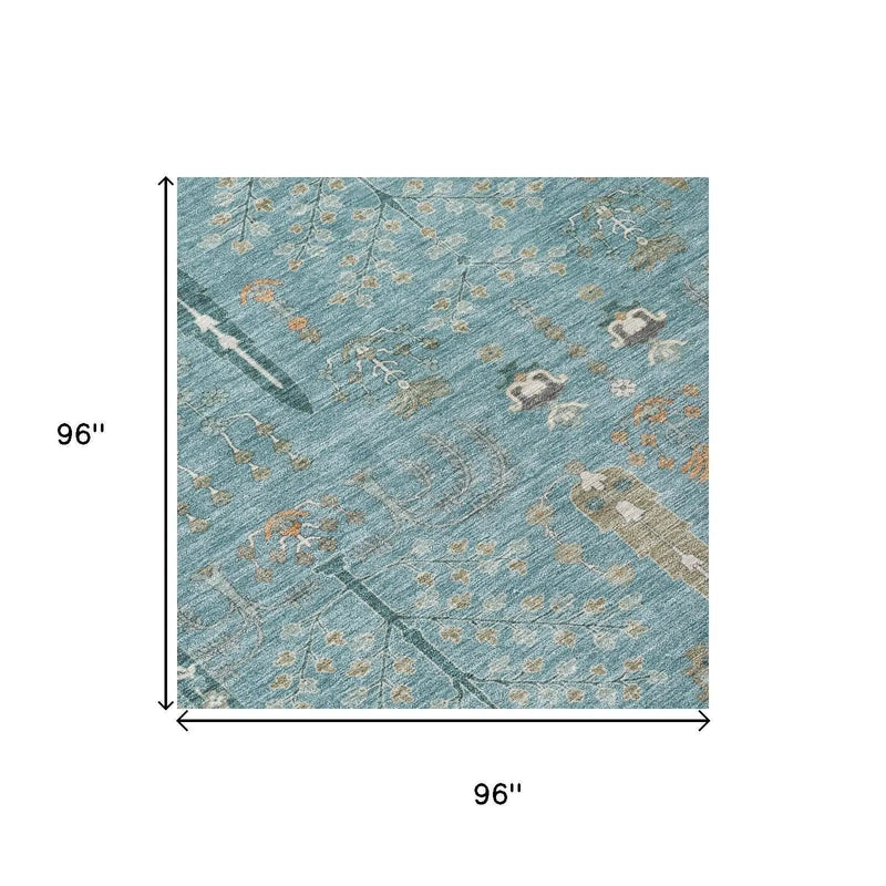 8' Teal Blue And Silver Round Oriental Washable Indoor Outdoor Area Rug Homeroots Outdoor