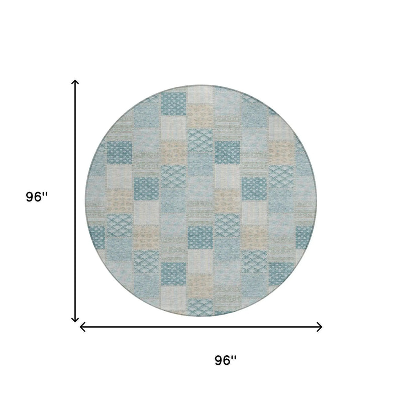 8' Teal Blue And Silver Round Patchwork Washable Indoor Outdoor Area Rug Homeroots Outdoor