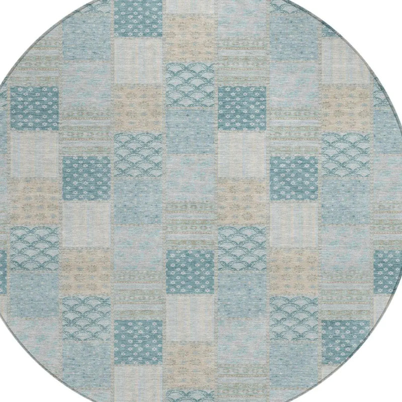 8' Teal Blue And Silver Round Patchwork Washable Indoor Outdoor Area Rug Homeroots Outdoor