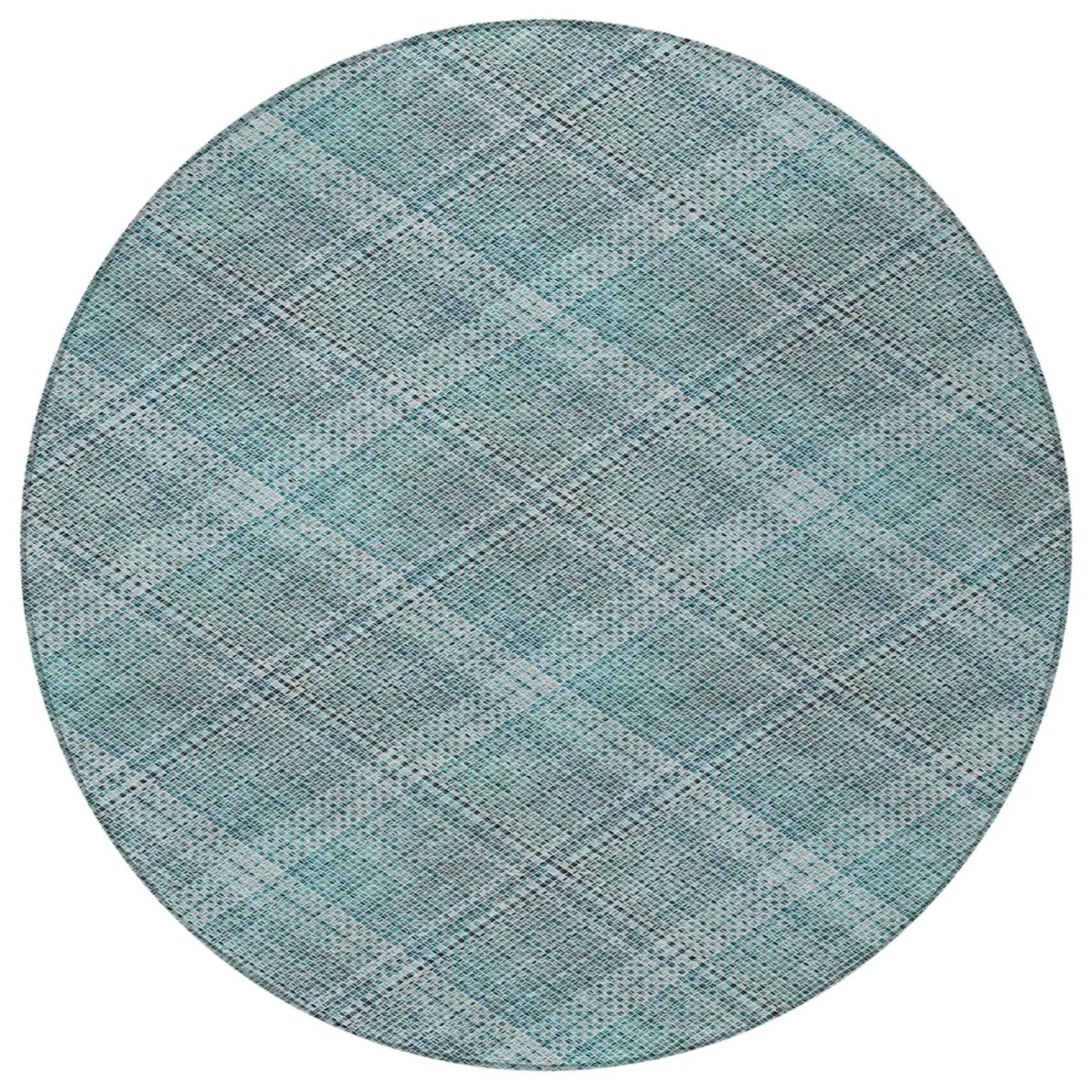 8' Teal Blue And Silver Round Plaid Washable Indoor Outdoor Area Rug Homeroots Outdoor