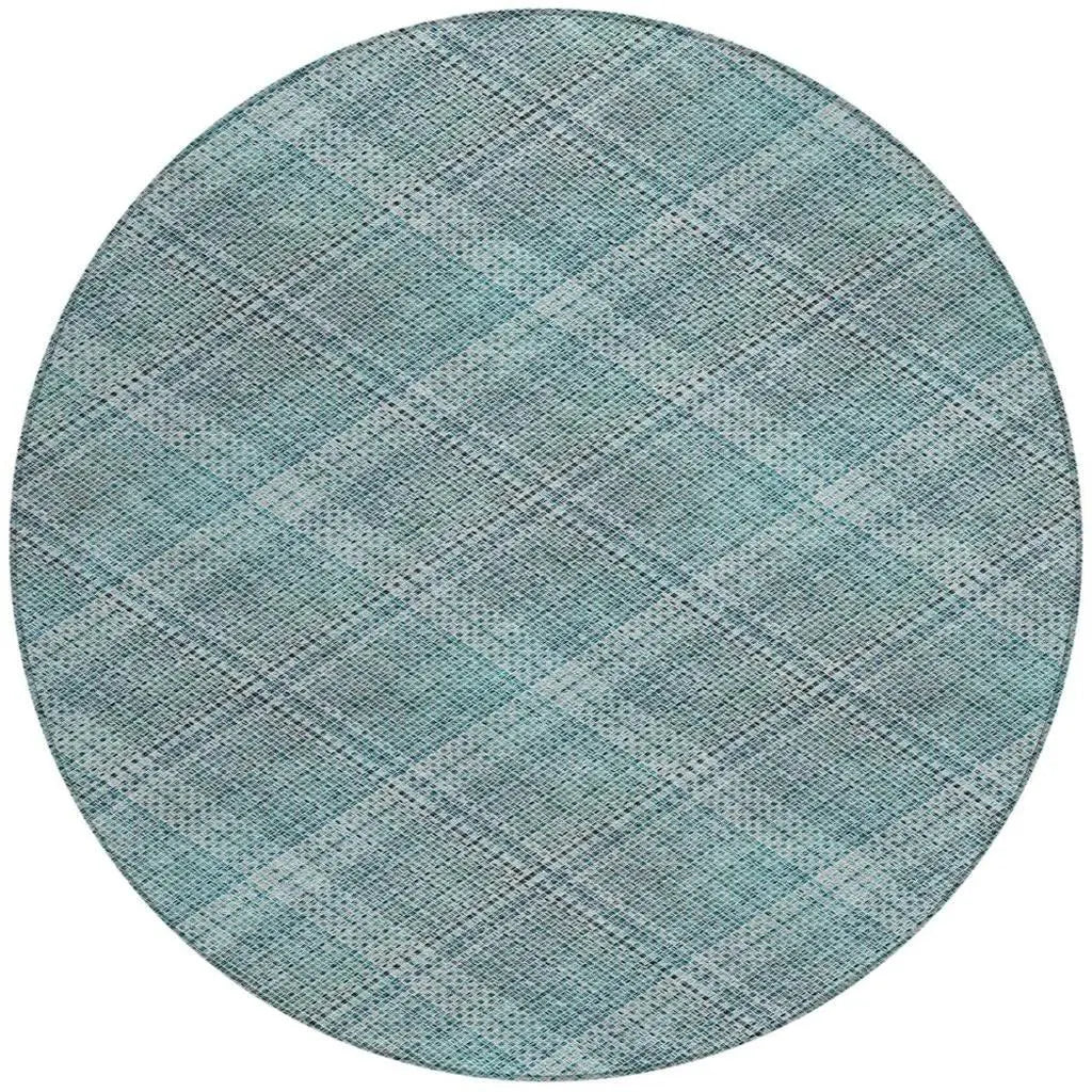8' Teal Blue And Silver Round Plaid Washable Indoor Outdoor Area Rug Homeroots Outdoor