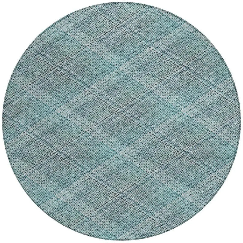 8' Teal Blue And Silver Round Plaid Washable Indoor Outdoor Area Rug Homeroots Outdoor