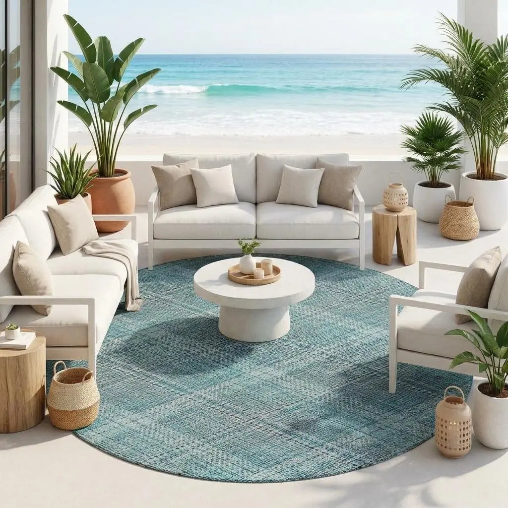 8' Teal Blue And Silver Round Plaid Washable Indoor Outdoor Area Rug Homeroots Outdoor