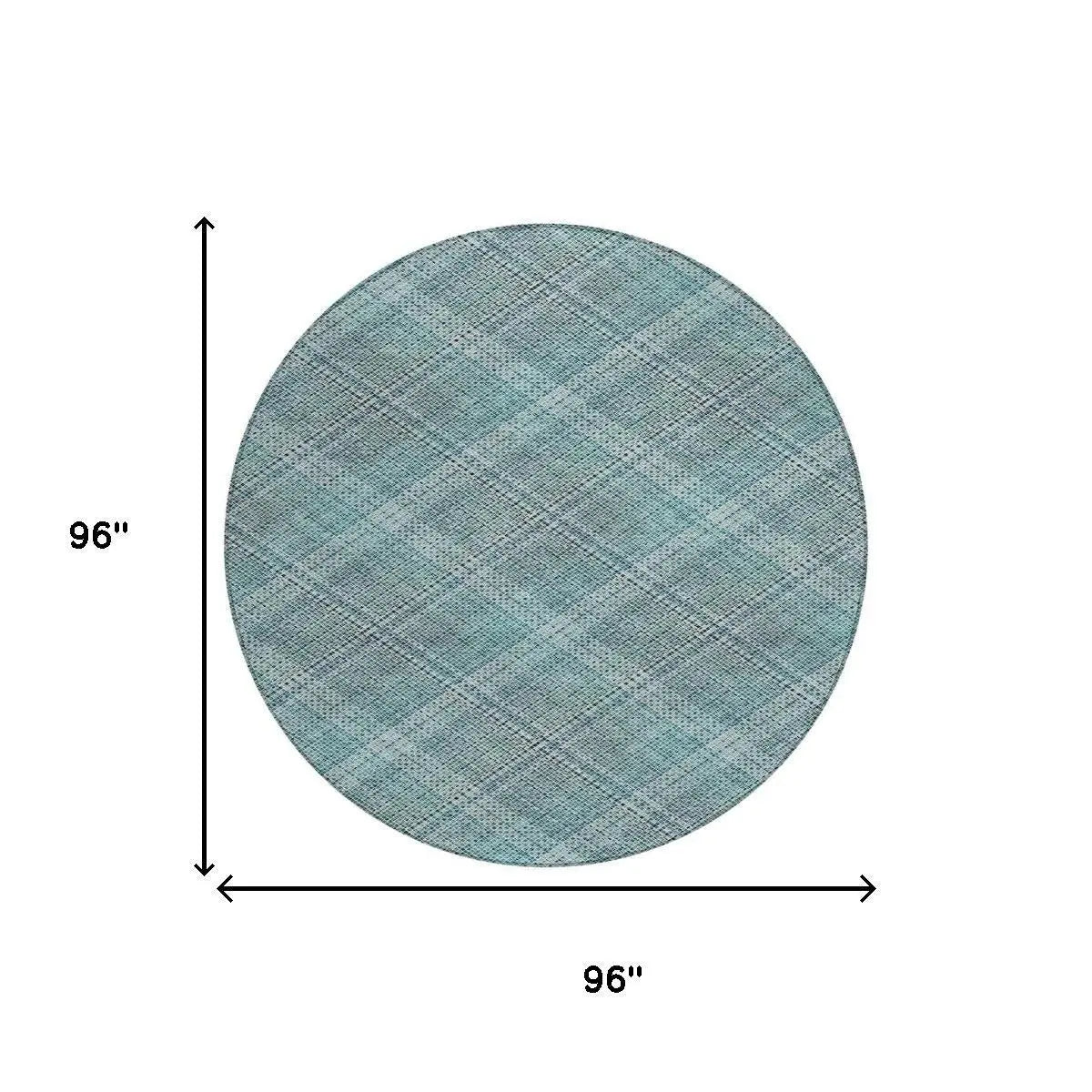 8' Teal Blue And Silver Round Plaid Washable Indoor Outdoor Area Rug Homeroots Outdoor