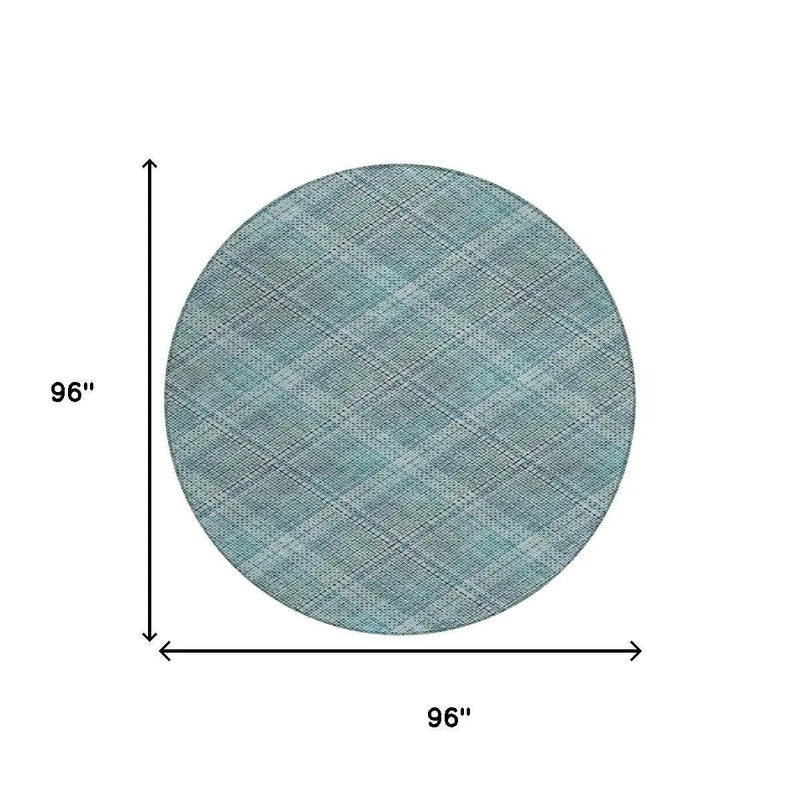 8' Teal Blue And Silver Round Plaid Washable Indoor Outdoor Area Rug Homeroots Outdoor