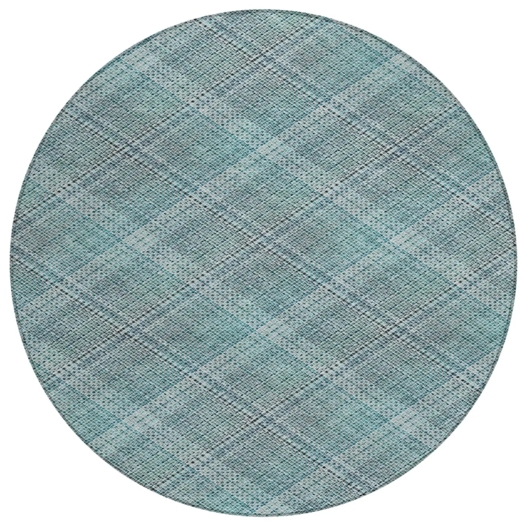 8' Teal Blue And Silver Round Plaid Washable Indoor Outdoor Area Rug Homeroots Outdoor