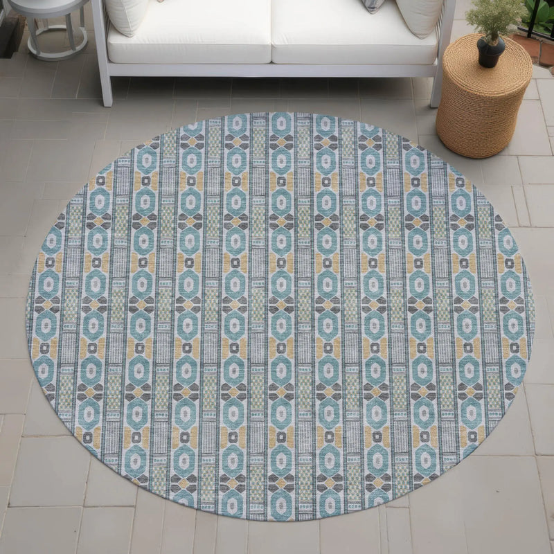 8' Teal Blue And Silver Round Striped Washable Indoor Outdoor Area Rug Homeroots Outdoor