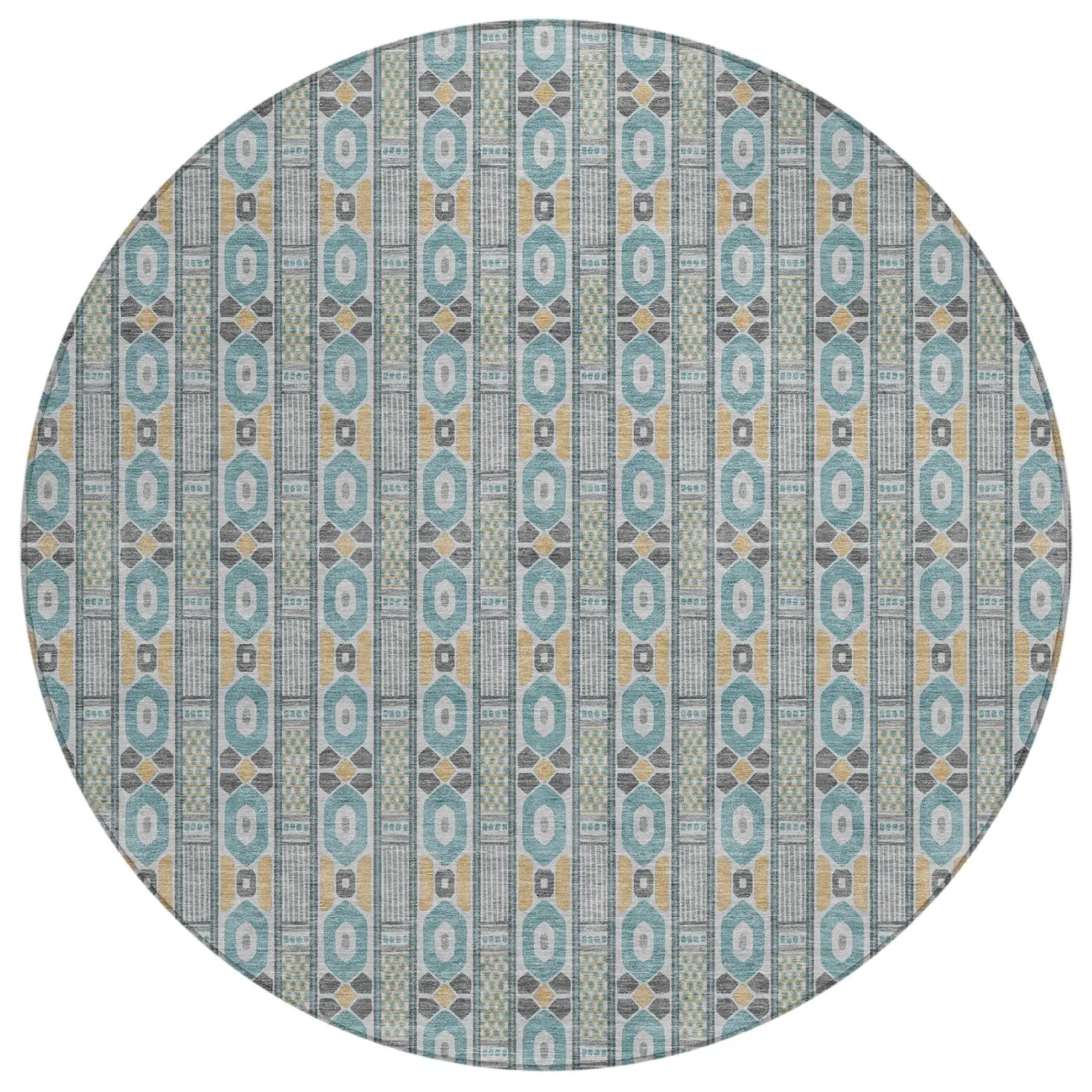 8' Teal Blue And Silver Round Striped Washable Indoor Outdoor Area Rug Homeroots Outdoor