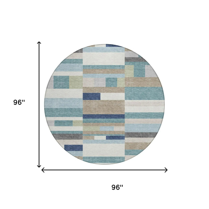 8' Teal Blue And Silver Round Striped Washable Indoor Outdoor Area Rug Homeroots Outdoor