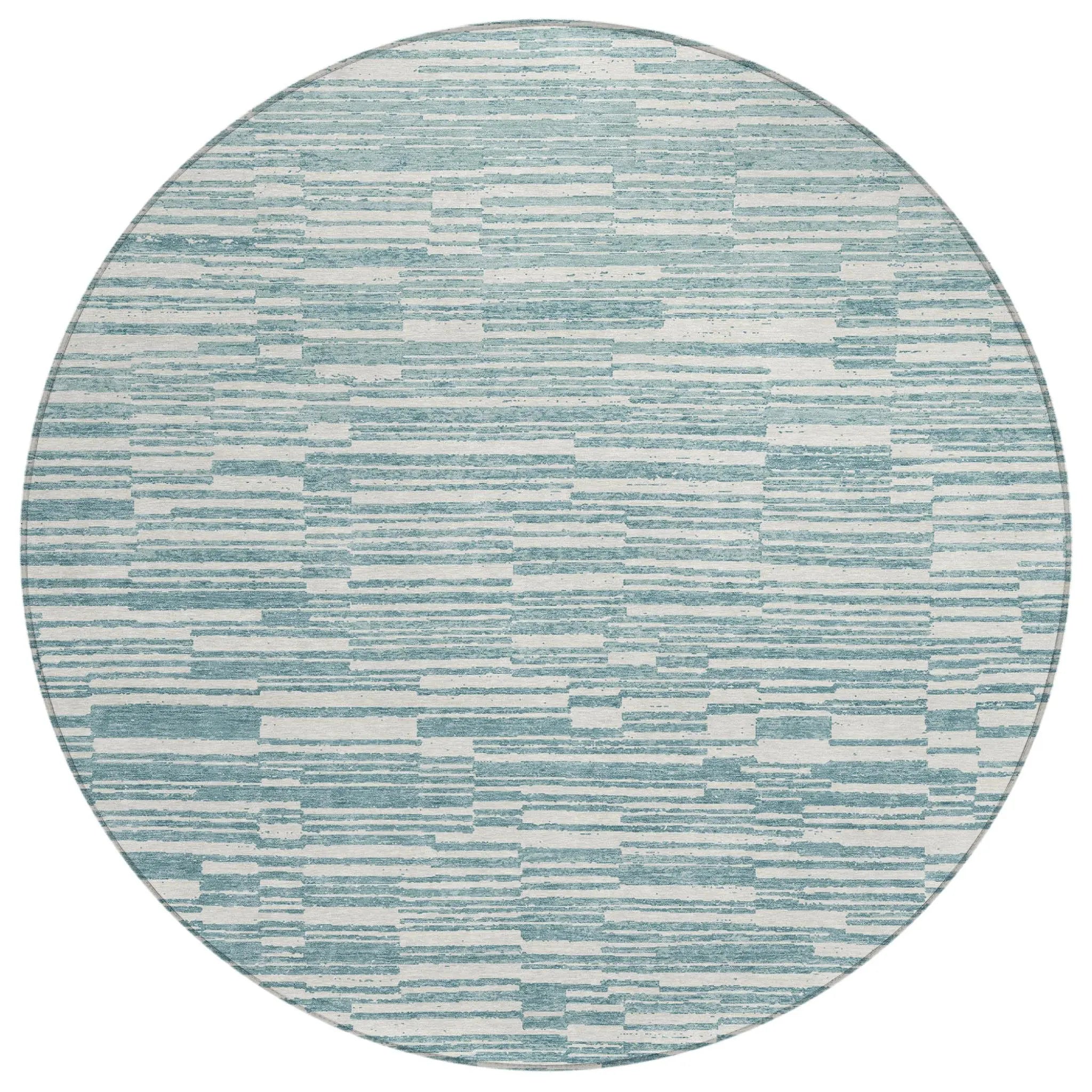 8' Teal Blue And Silver Round Striped Washable Indoor Outdoor Area Rug Homeroots Outdoor