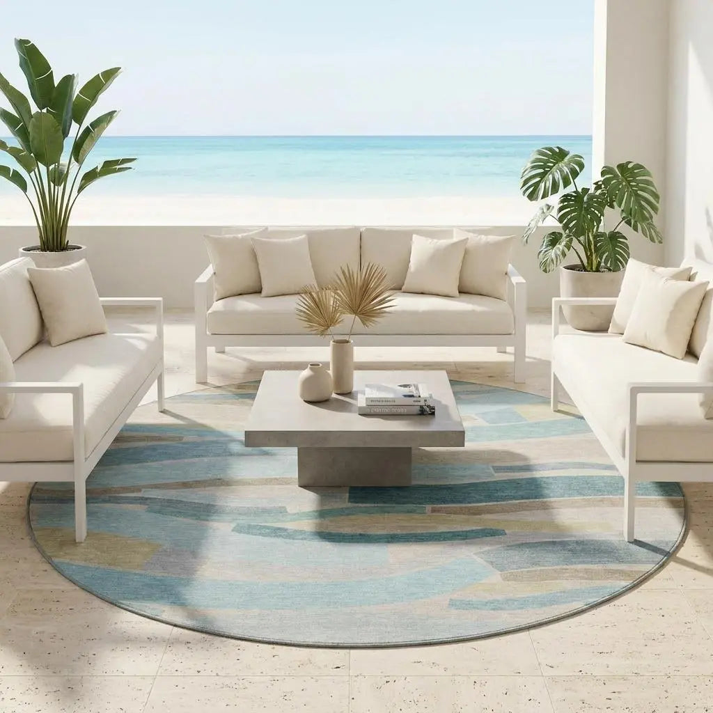 8' Teal Blue And Silver Round Striped Washable Indoor Outdoor Area Rug Homeroots Outdoor