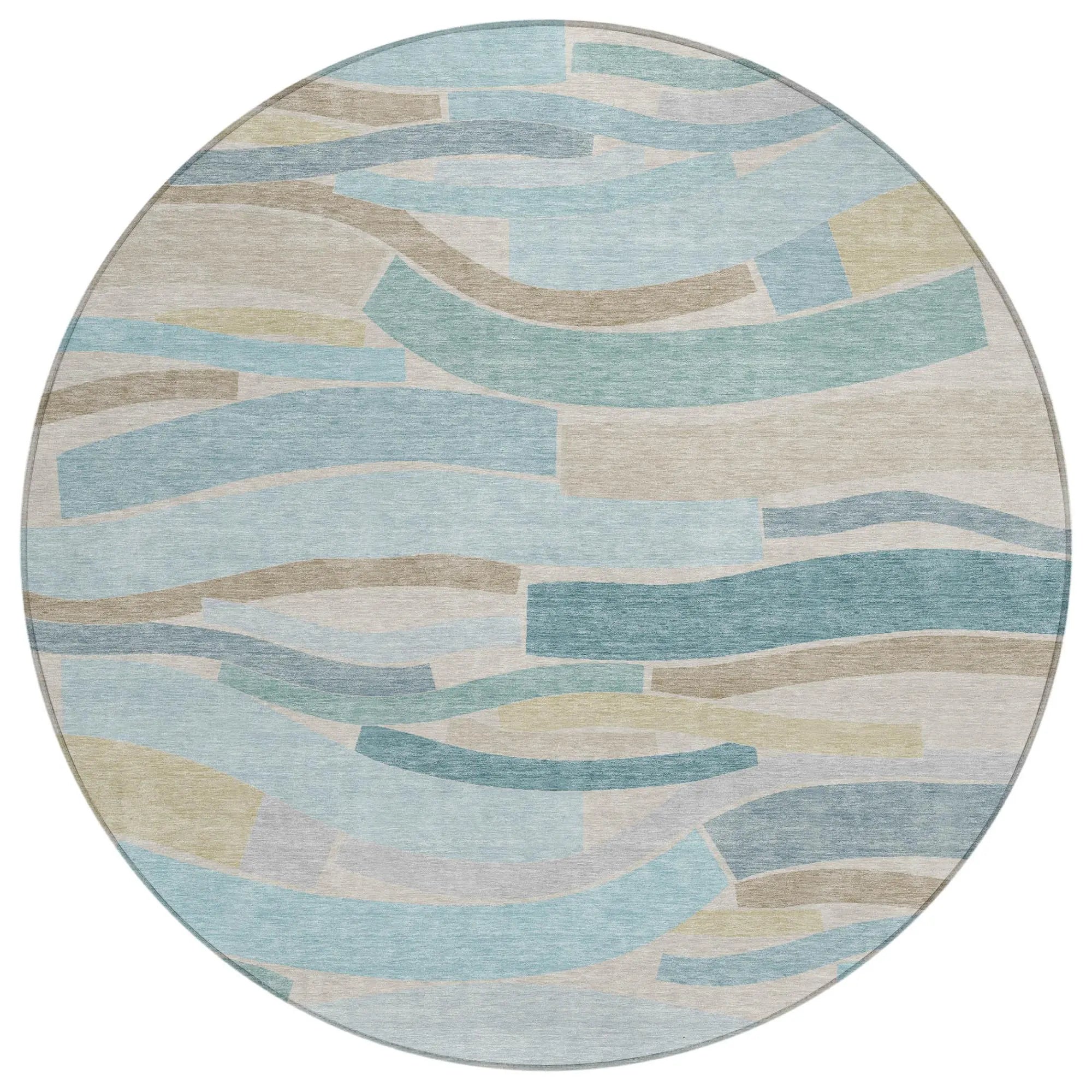 8' Teal Blue And Silver Round Striped Washable Indoor Outdoor Area Rug Homeroots Outdoor