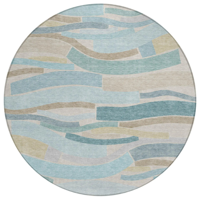 8' Teal Blue And Silver Round Striped Washable Indoor Outdoor Area Rug Homeroots Outdoor