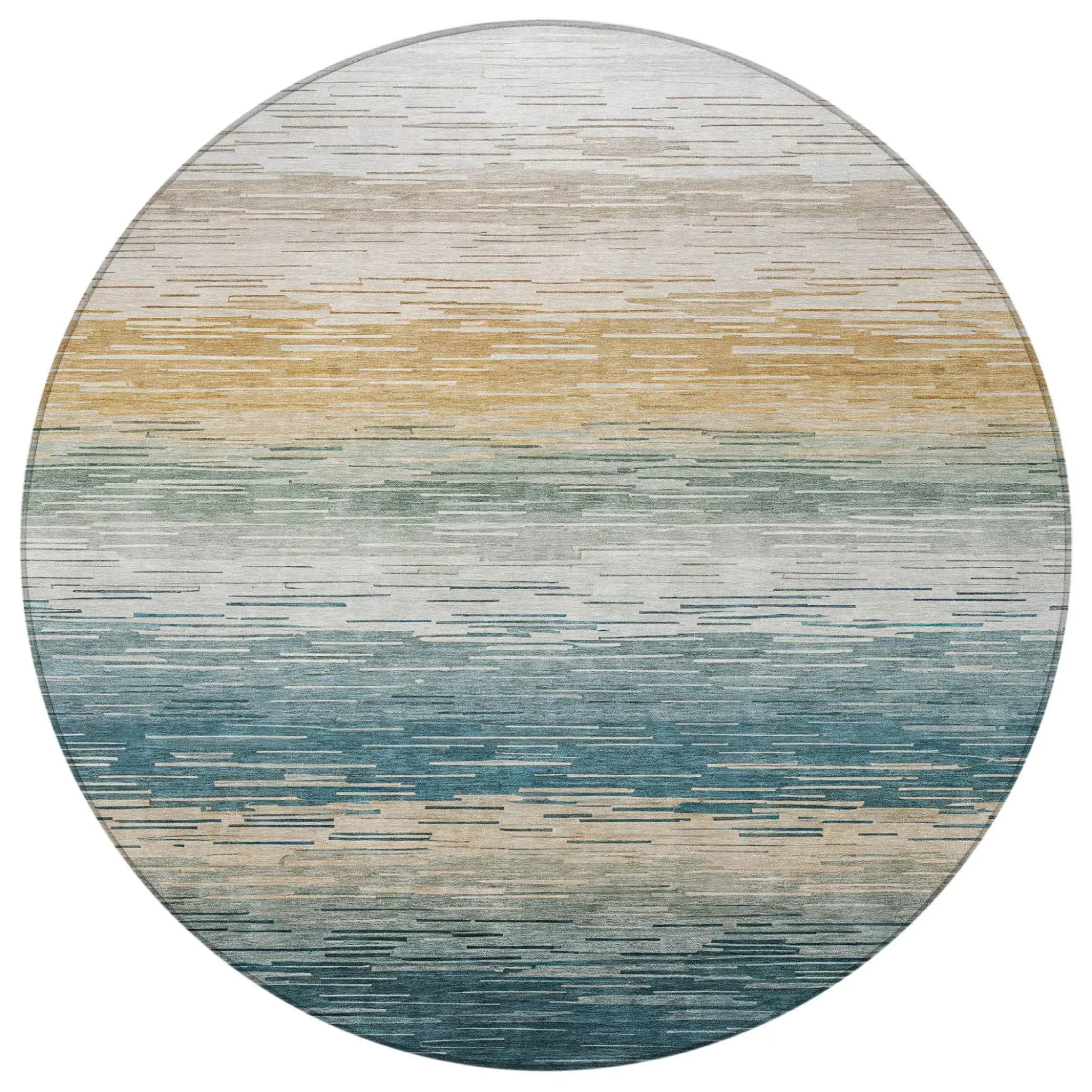 8' Teal Blue And Silver Round Striped Washable Indoor Outdoor Area Rug Homeroots Outdoor