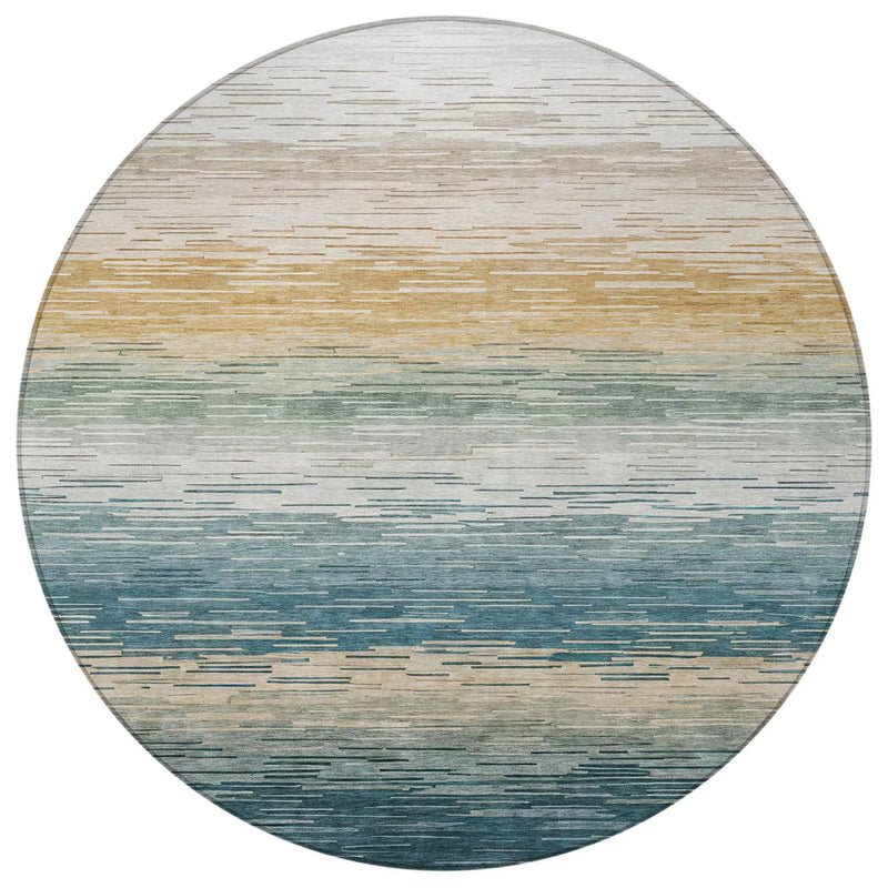 8' Teal Blue And Silver Round Striped Washable Indoor Outdoor Area Rug Homeroots Outdoor
