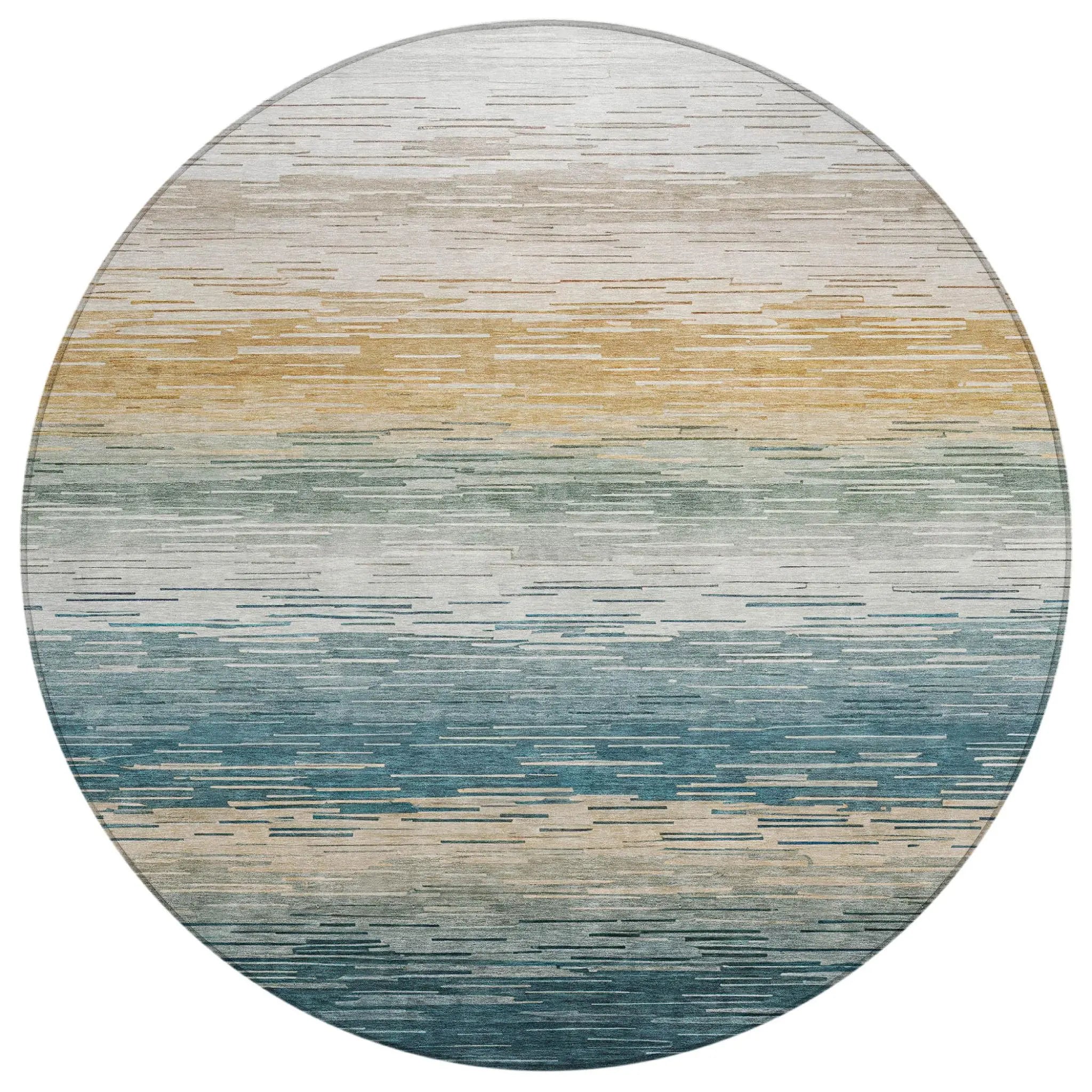 8' Teal Blue And Silver Round Striped Washable Indoor Outdoor Area Rug Homeroots Outdoor