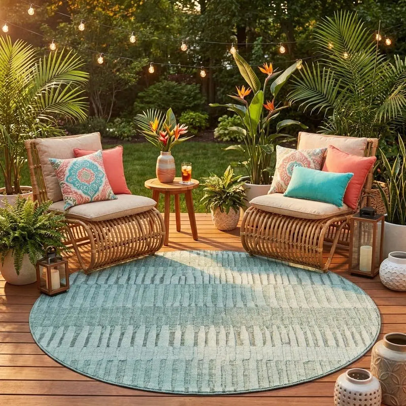 8' Teal Blue And Silver Round Striped Washable Indoor Outdoor Area Rug Homeroots Outdoor