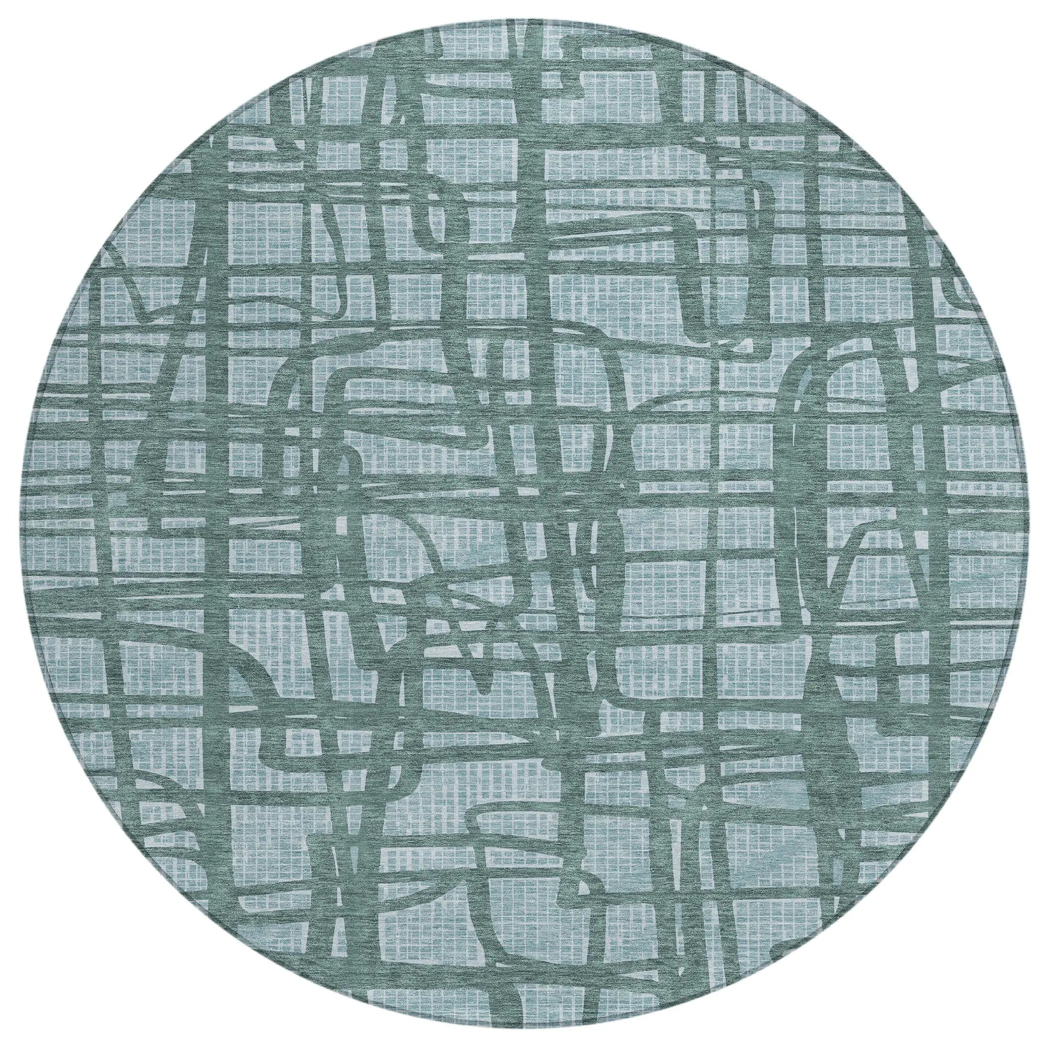 8' Teal Blue And Sky Blue Round Abstract Washable Indoor Outdoor Area Rug Homeroots Outdoor