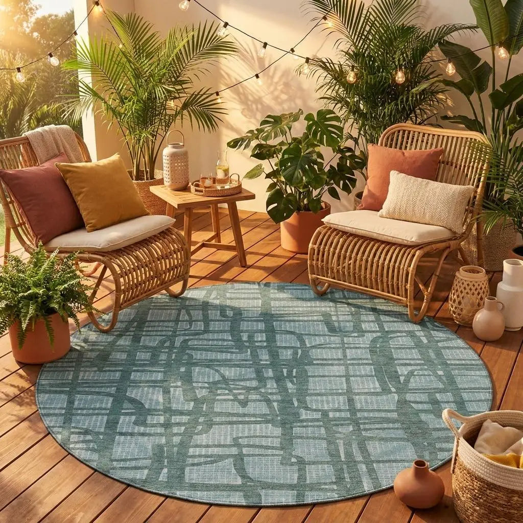 8' Teal Blue And Sky Blue Round Abstract Washable Indoor Outdoor Area Rug Homeroots Outdoor