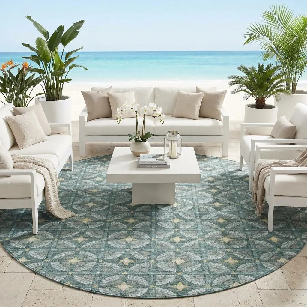 8' Teal Blue And Sky Blue Round Geometric Washable Indoor Outdoor Area Rug Homeroots Outdoor
