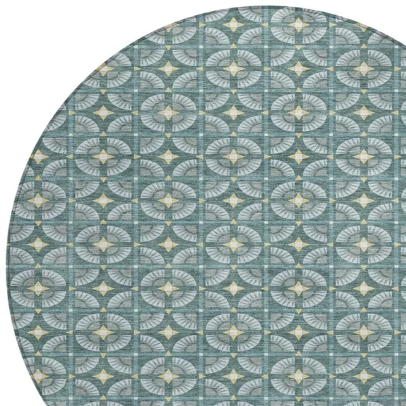 8' Teal Blue And Sky Blue Round Geometric Washable Indoor Outdoor Area Rug Homeroots Outdoor