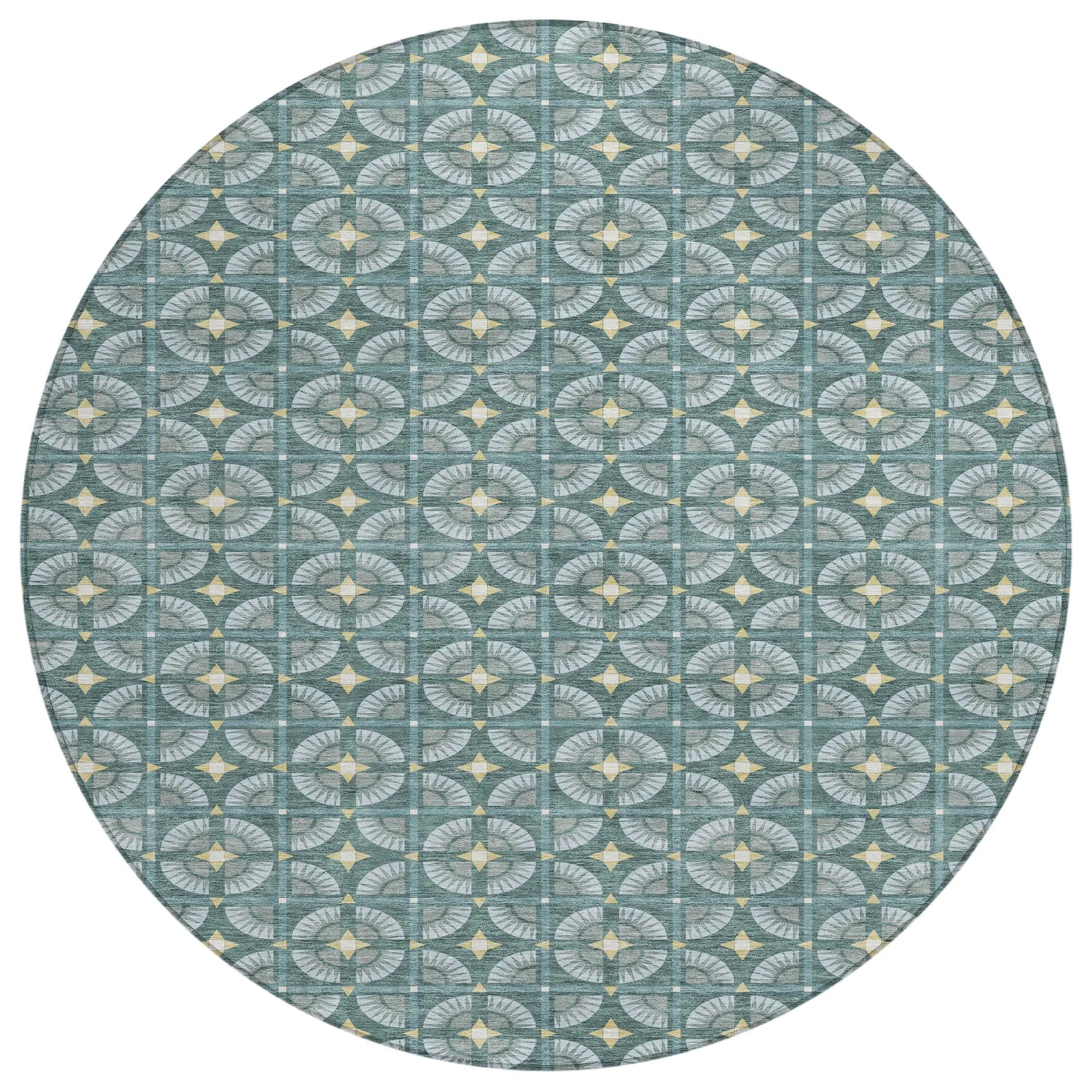 8' Teal Blue And Sky Blue Round Geometric Washable Indoor Outdoor Area Rug Homeroots Outdoor