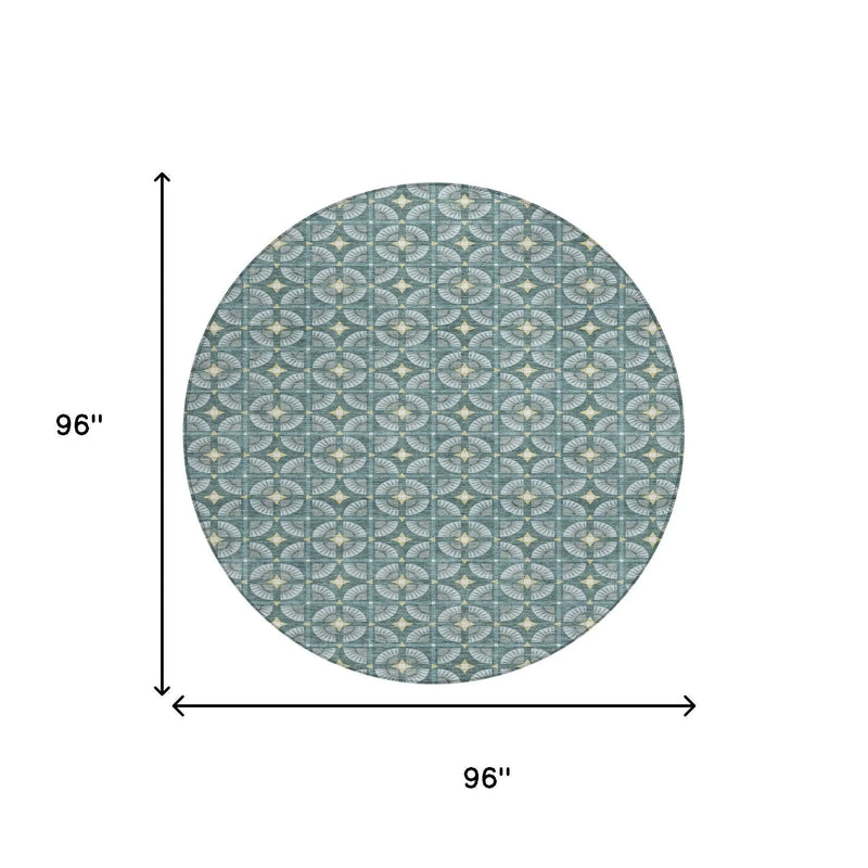 8' Teal Blue And Sky Blue Round Geometric Washable Indoor Outdoor Area Rug Homeroots Outdoor