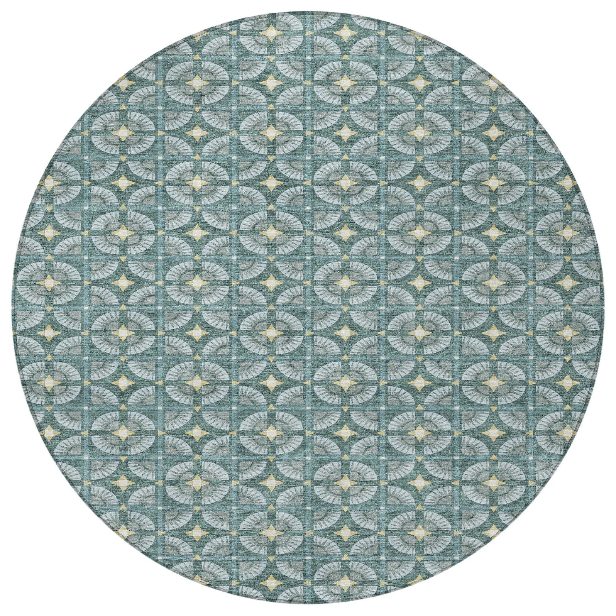 8' Teal Blue And Sky Blue Round Geometric Washable Indoor Outdoor Area Rug Homeroots Outdoor