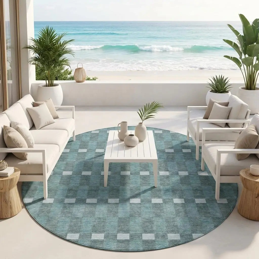 8' Teal Blue And Sky Blue Round Geometric Washable Indoor Outdoor Area Rug Homeroots Outdoor