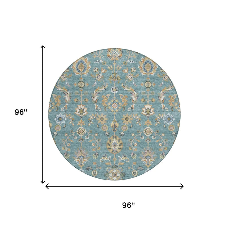 8' Teal Blue And Taupe Round Abstract Washable Indoor Outdoor Area Rug Homeroots Outdoor