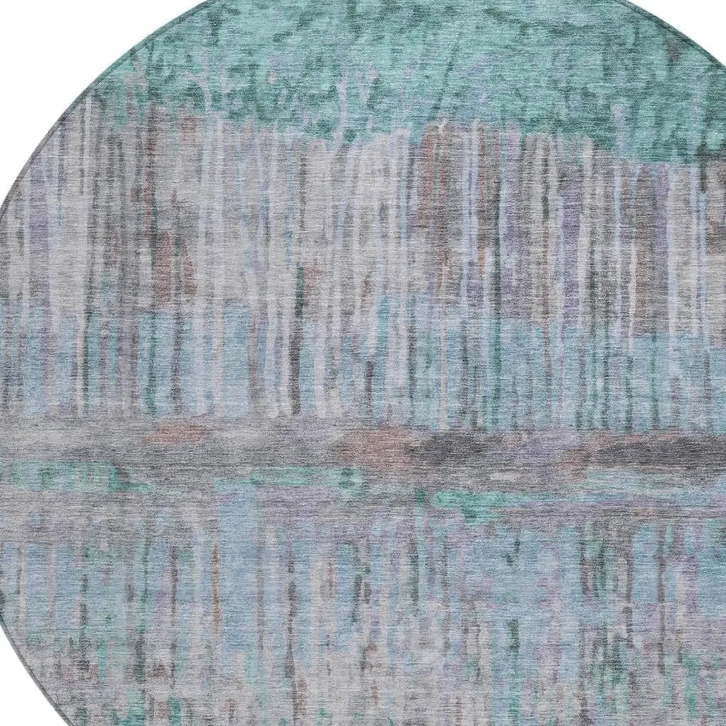 8' Teal Blue And Taupe Round Abstract Washable Indoor Outdoor Area Rug Homeroots Outdoor