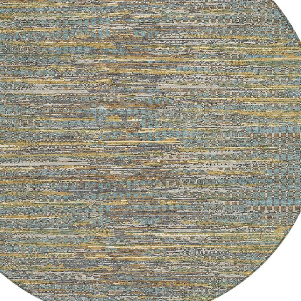 8' Teal Blue And Taupe Round Abstract Washable Indoor Outdoor Area Rug Homeroots Outdoor