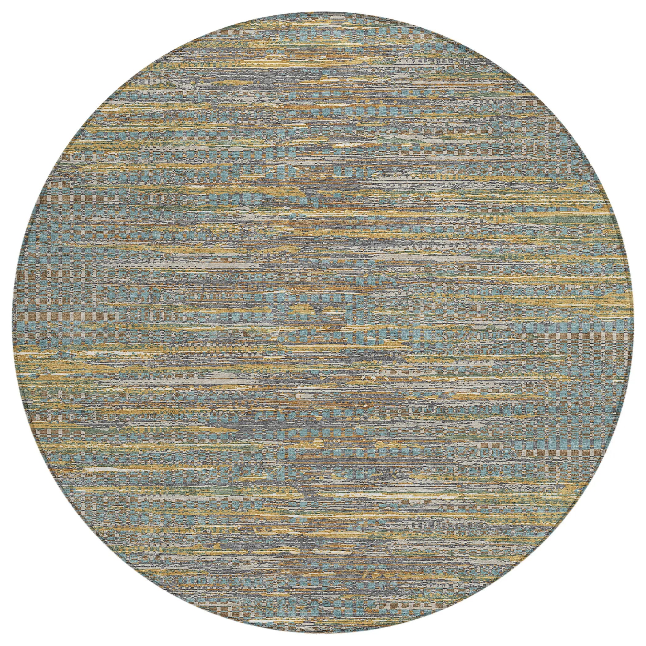 8' Teal Blue And Taupe Round Abstract Washable Indoor Outdoor Area Rug Homeroots Outdoor