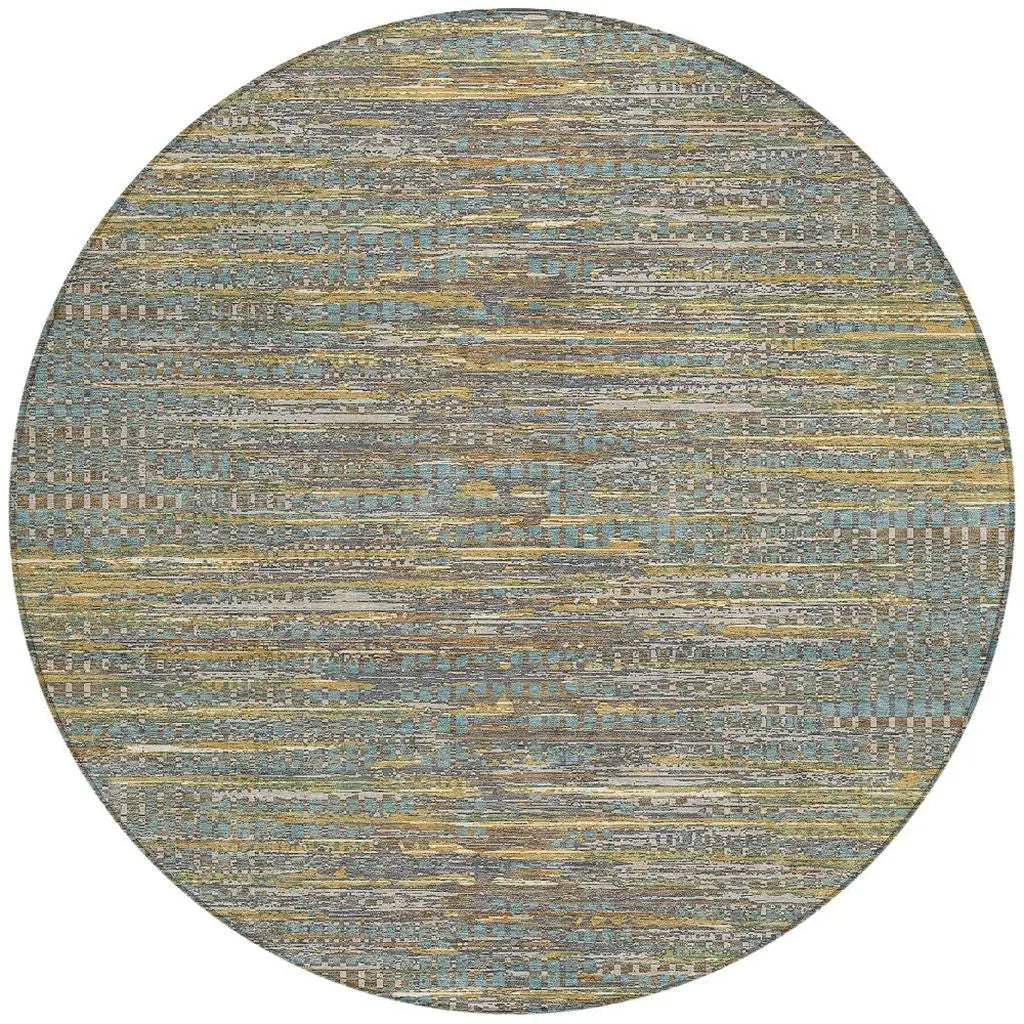 8' Teal Blue And Taupe Round Abstract Washable Indoor Outdoor Area Rug Homeroots Outdoor