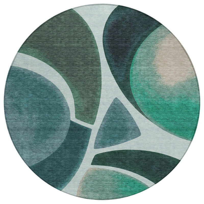 8' Teal Blue And Turquoise Round Abstract Washable Indoor Outdoor Area Rug Homeroots Outdoor