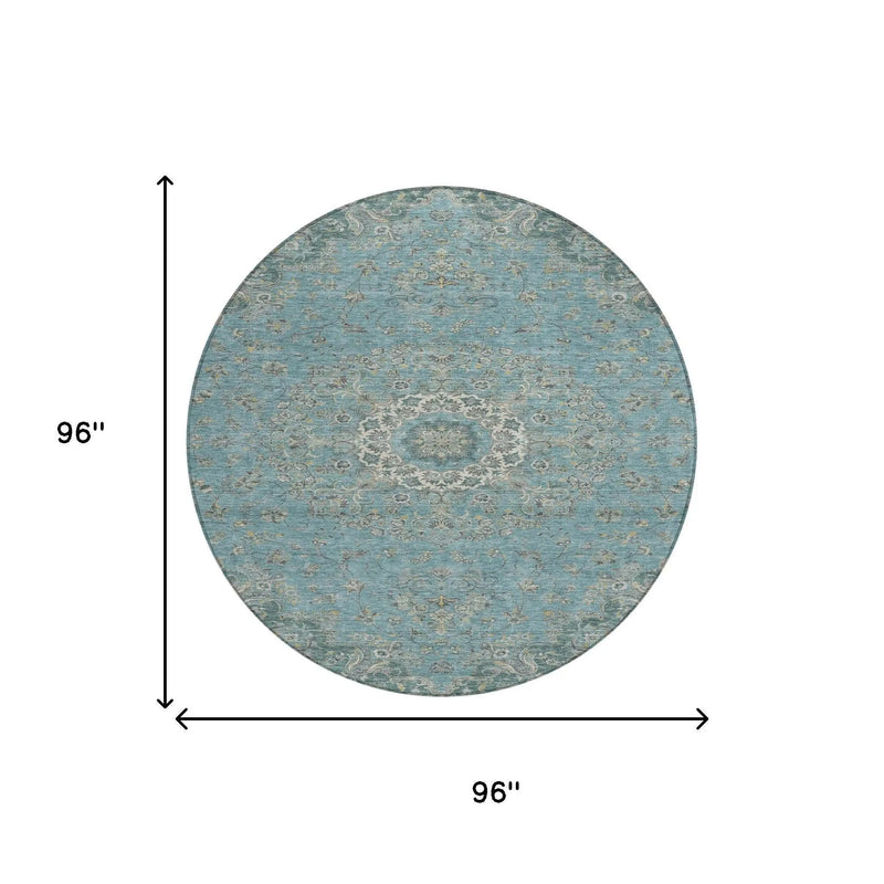 8' Teal Blue And Turquoise Round Floral Medallion Washable Indoor Outdoor Area Rug Homeroots Outdoor