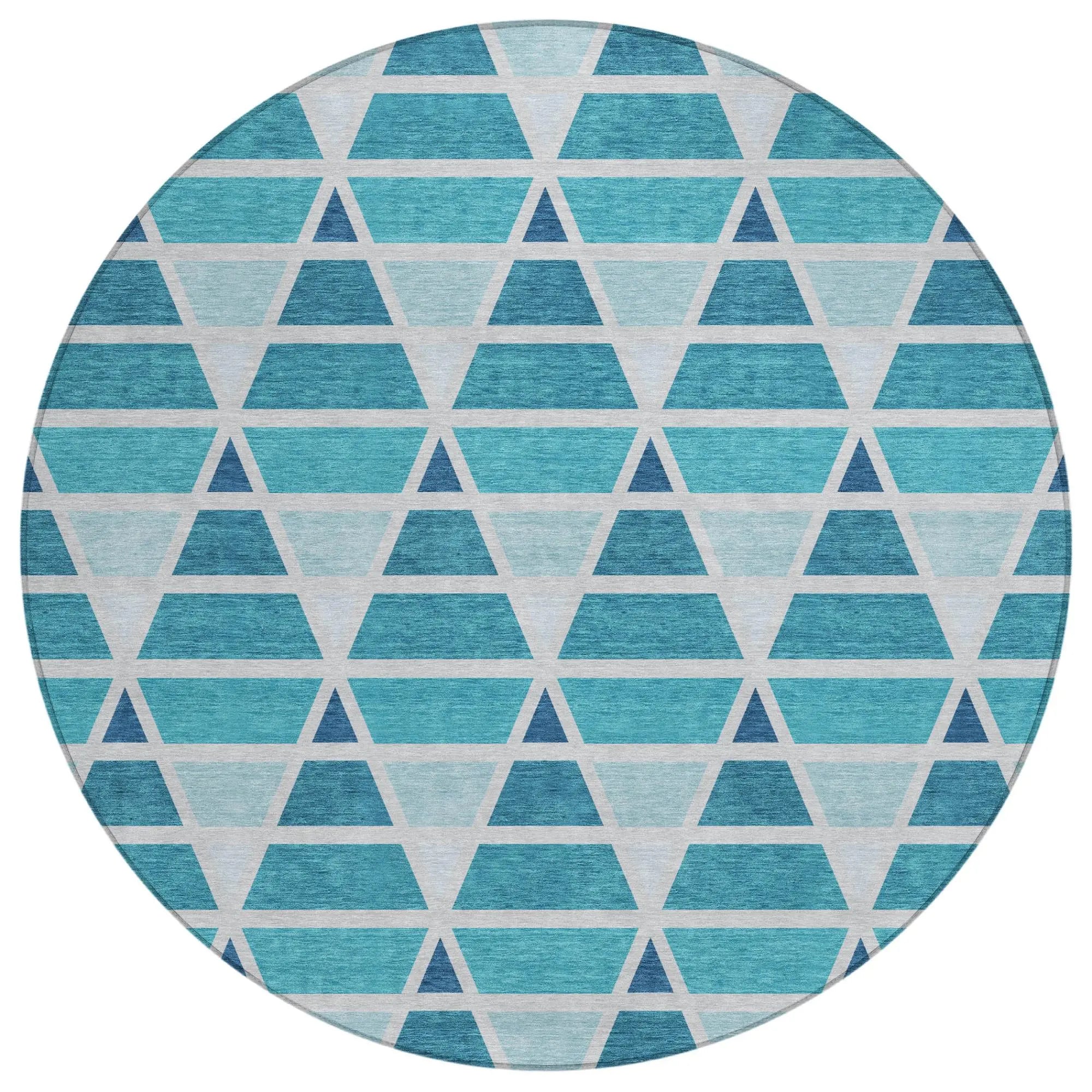 8' Teal Blue And Turquoise Round Geometric Washable Indoor Outdoor Area Rug Homeroots Outdoor