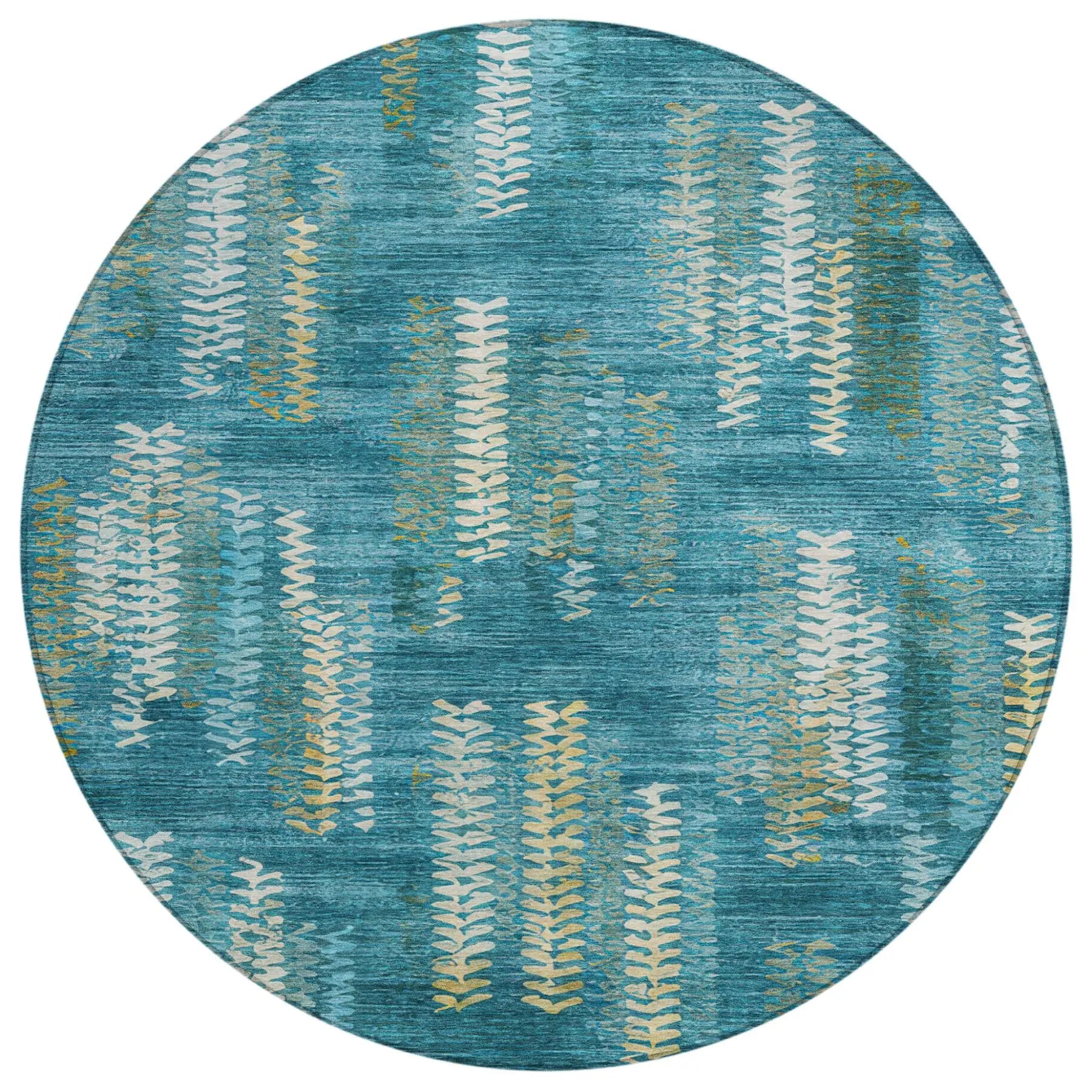 8' Teal Blue And Turquoise Round Striped Washable Indoor Outdoor Area Rug Homeroots Outdoor