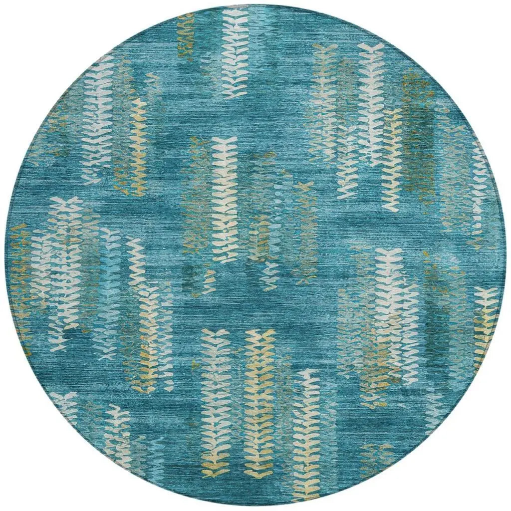 8' Teal Blue And Turquoise Round Striped Washable Indoor Outdoor Area Rug Homeroots Outdoor
