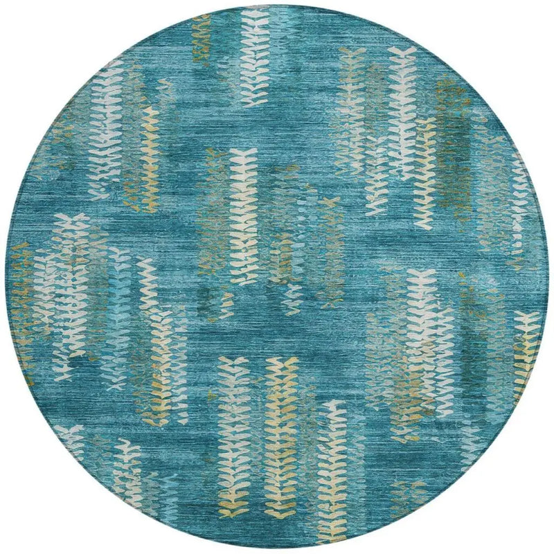 8' Teal Blue And Turquoise Round Striped Washable Indoor Outdoor Area Rug Homeroots Outdoor
