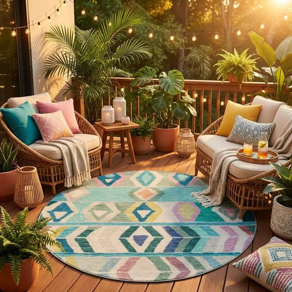 8' Teal Blue And Turquoise Round Tribal Washable Indoor Outdoor Area Rug Homeroots Outdoor