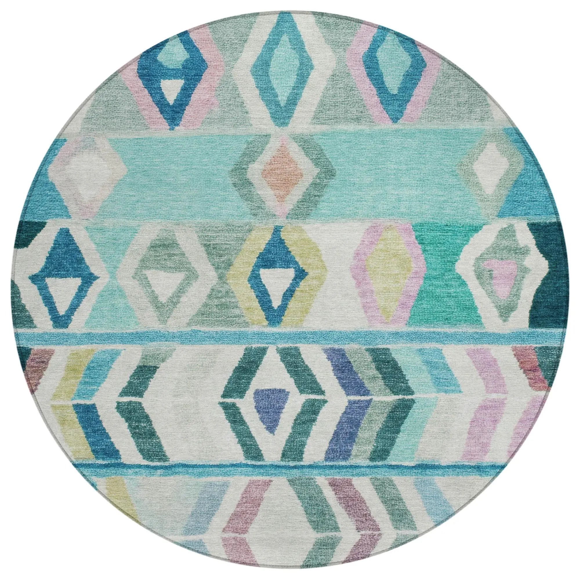 8' Teal Blue And Turquoise Round Tribal Washable Indoor Outdoor Area Rug Homeroots Outdoor