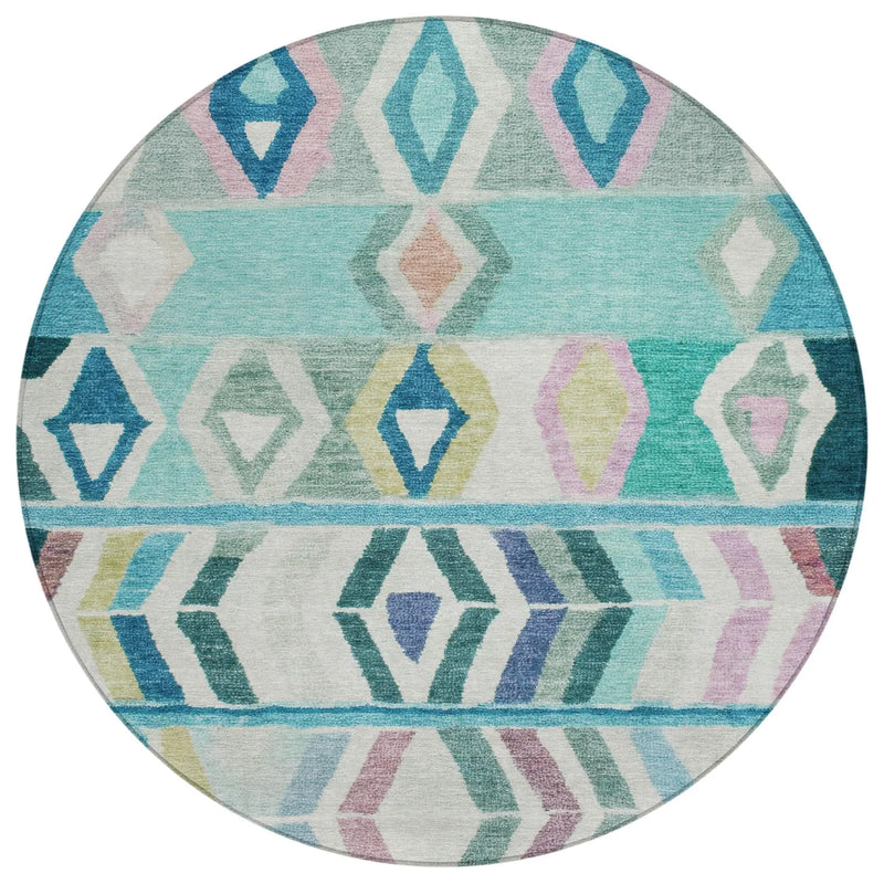 8' Teal Blue And Turquoise Round Tribal Washable Indoor Outdoor Area Rug Homeroots Outdoor